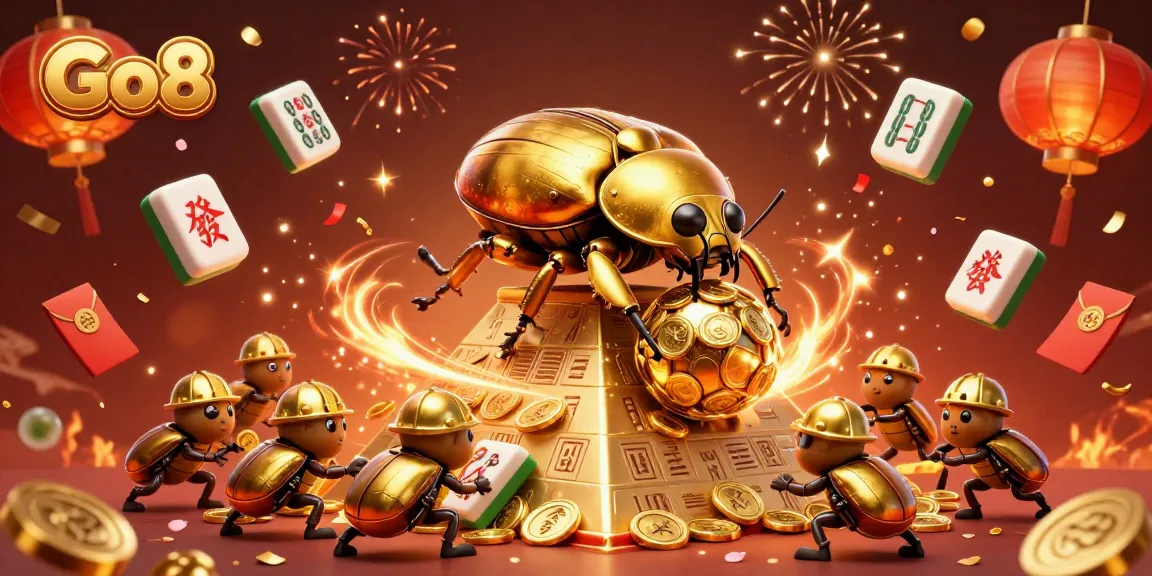 Experience thrilling gaming at Go8 with a massive golden dung beetle in a vibrant casino illustration.