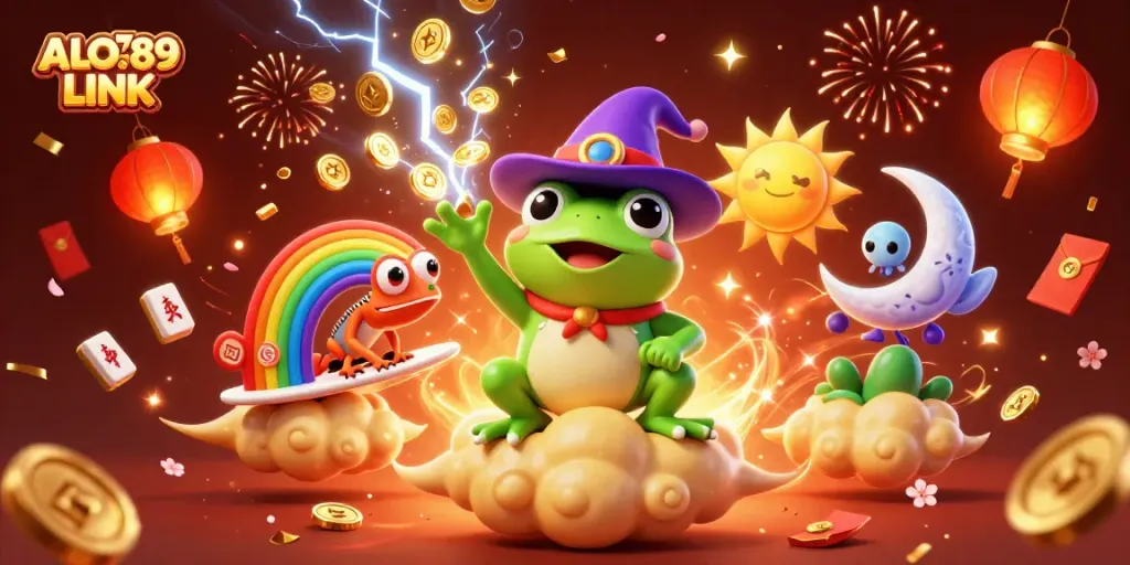 Create winning moments with ALO789 LINK as the wizard frog conjures golden coins amidst vibrant gambling elements.