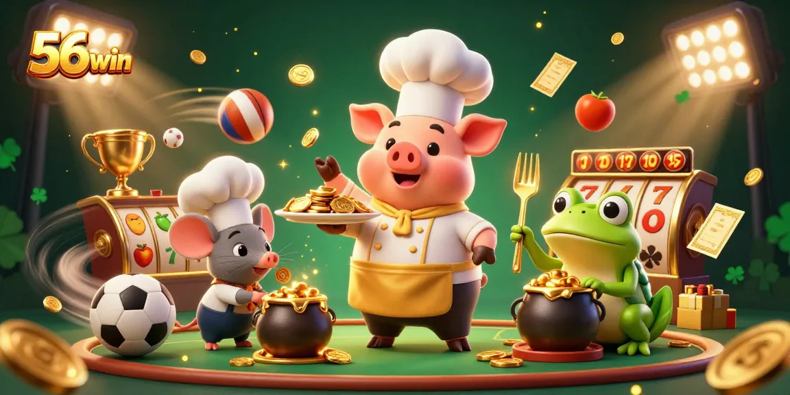 Experience the thrill of 56win as a cartoon chef pig serves gold coins surrounded by vibrant gaming elements.