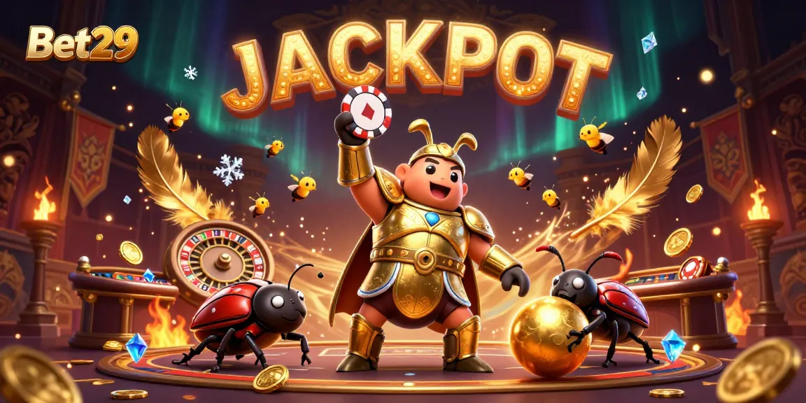 Bet29 brings excitement with a 3D beetle lifting a poker chip amidst a vibrant casino scene.