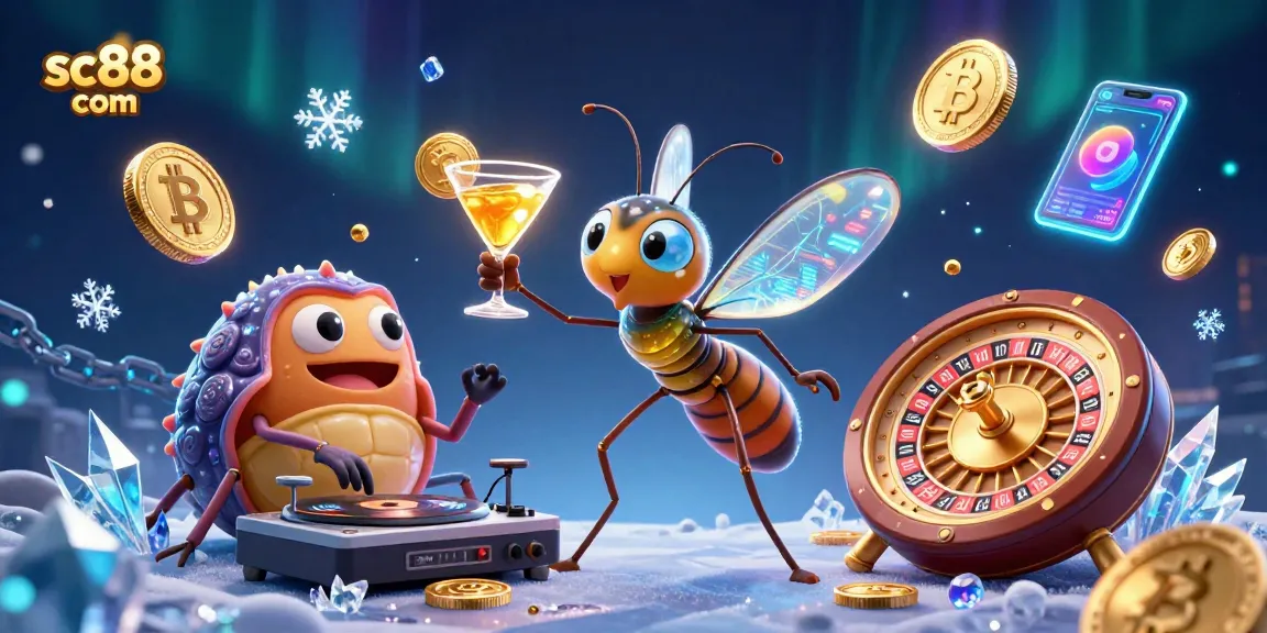 Engage with sc88 com at a vibrant casino scene featuring captivating animated characters and cryptocurrency elements.