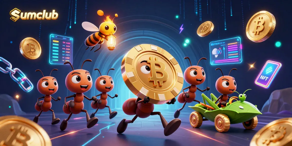 Sumclub breaks into a colorful digital world, carrying a giant poker chip amidst glowing cryptocurrencies and vibrant game elements.