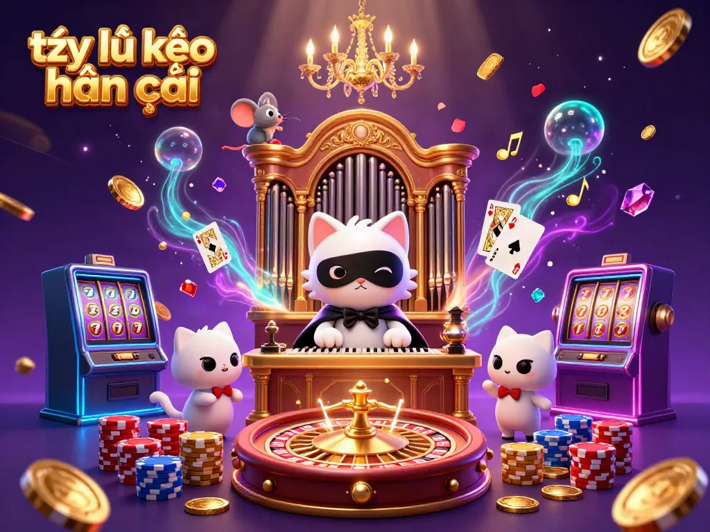 Engaging illustration of tỷ lệ kèo nhà cái, featuring a phantom cat, gambling elements, and an exciting casino atmosphere.