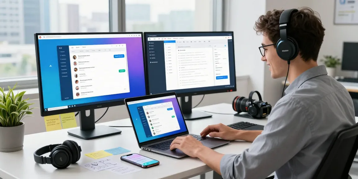 Professional using the Telegram Web Version on a laptop in a bright modern workspace.
