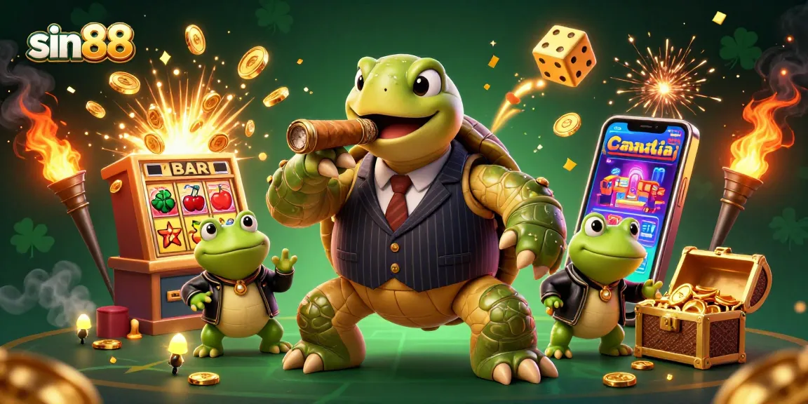 Experience thrilling wins at sin88 with a vibrant casino scene featuring a snapping turtle and lucky symbols.