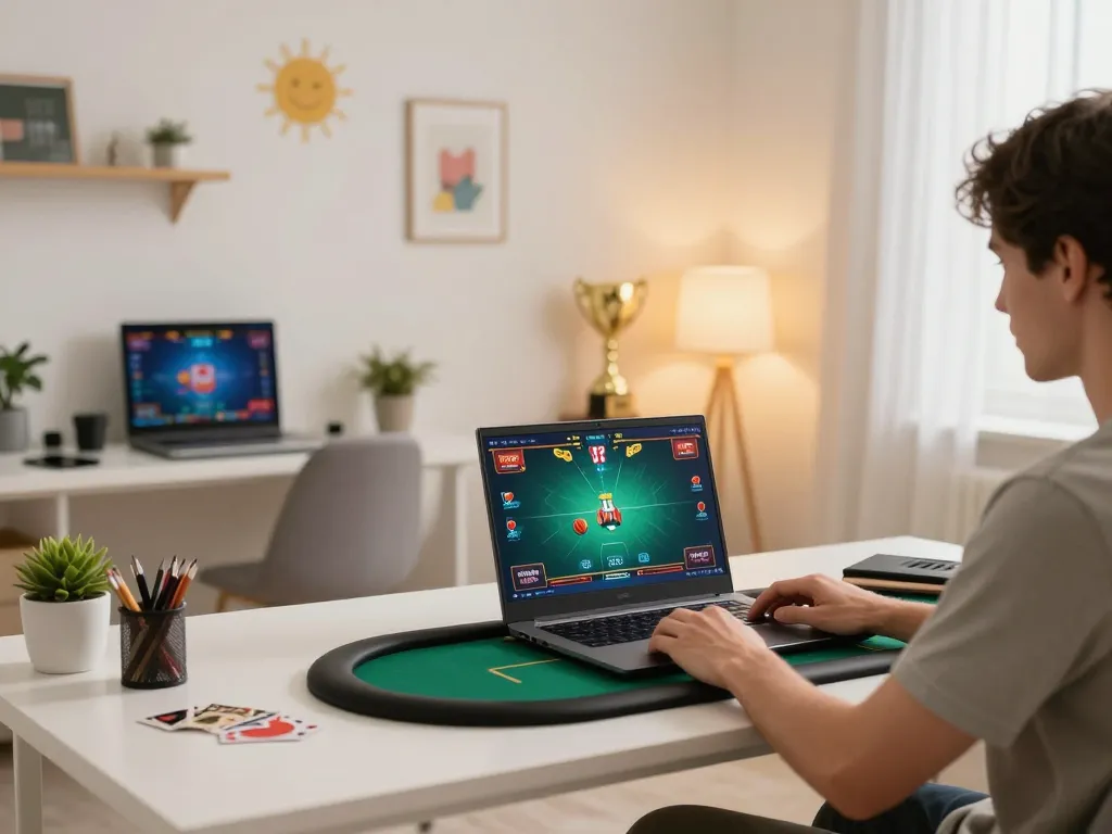 Engaged player at home explores thrilling poker games on TG88 platform via laptop.