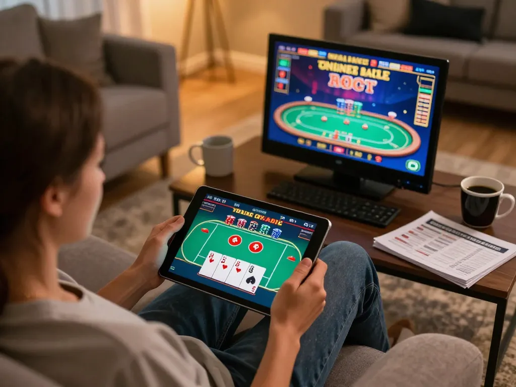 27G player engaging in an exciting online poker game on tablet, highlighting home gaming strategy.