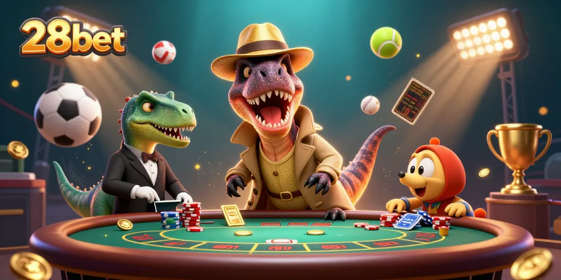 Experience exciting casino action at 28bet with a playful velociraptor card counter.