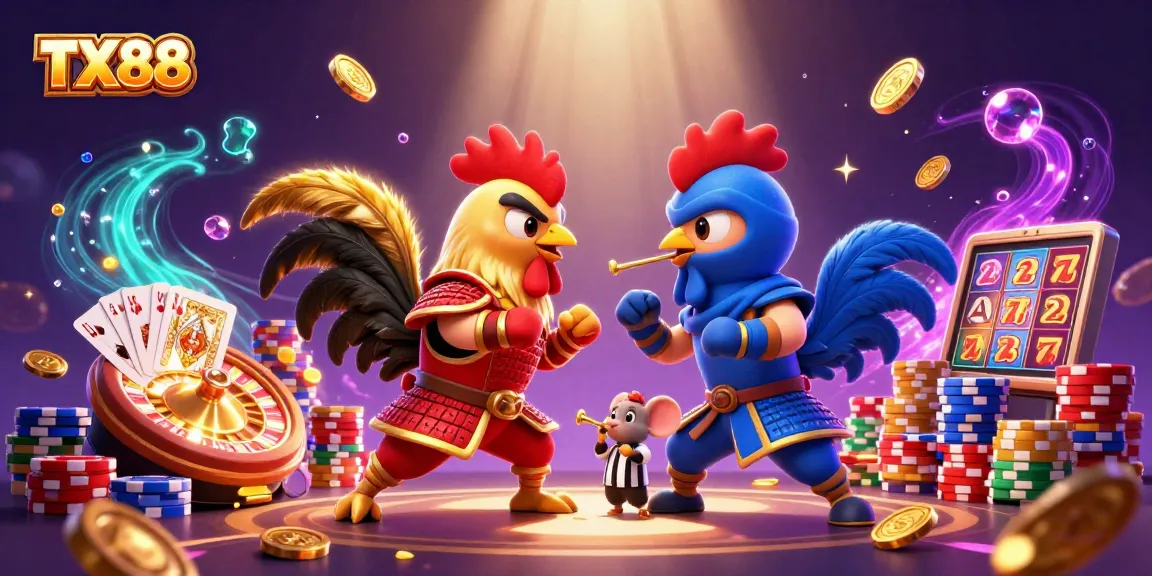 Experience the thrilling TX88 standoff between samurai and ninja roosters amidst cascading casino elements.