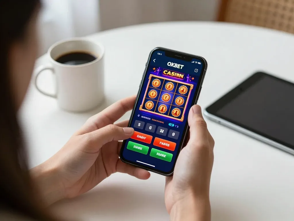 Engage with Oxbet casino app on mobile device, showcasing vibrant slot graphics and betting action.
