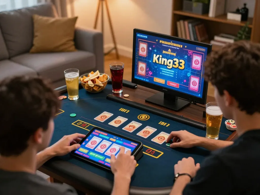 Person playing online casino game at king33 on tablet in cozy home setting, snacks and drinks nearby.
