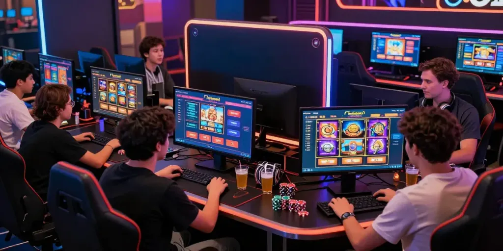 Nohuwin online gaming scene with excited players engaged in various slot games and betting activities.