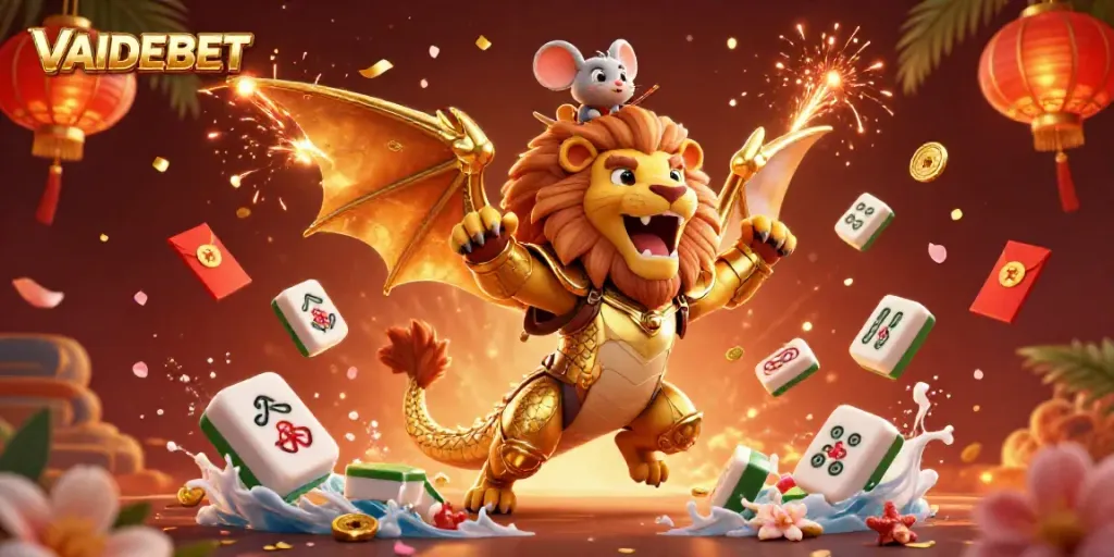 Experience victory at VAIDEBET with a golden chimera and mouse jockey amidst vibrant casino elements.