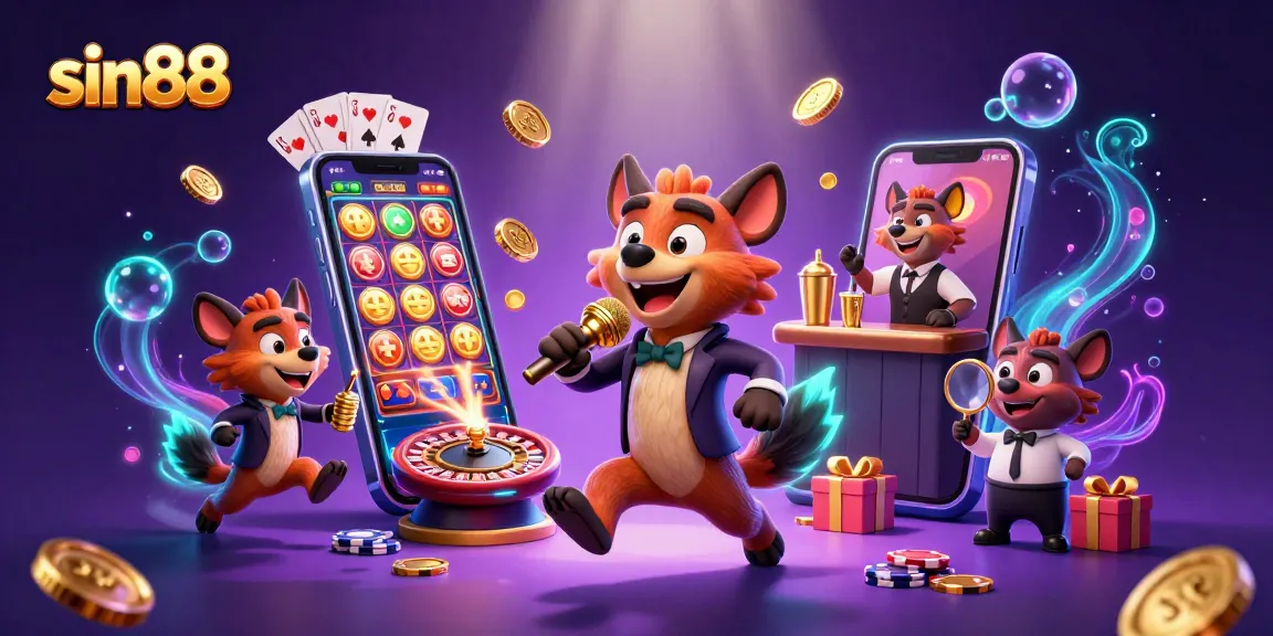 sin88 showcases hyenas in a comedy casino scene, blending laughter with vibrant gambling elements.