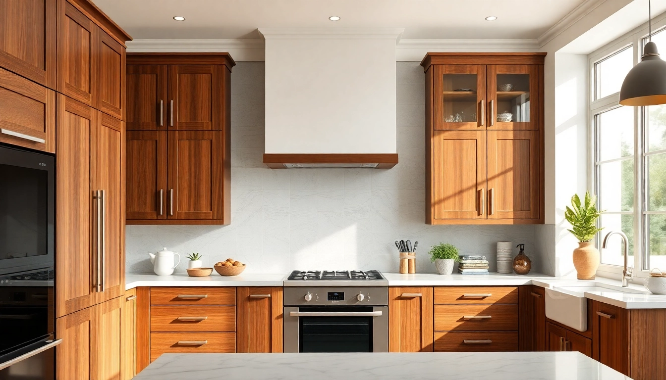 Stylish custom cabinets enhance a modern kitchen's elegance with rich wood textures.