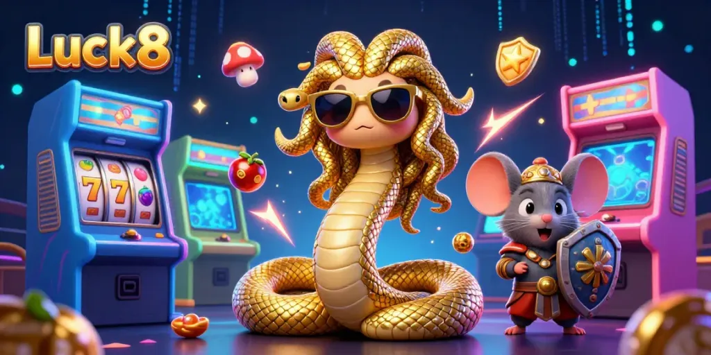 Join Medusa and a brave mouse in a vibrant Luck8 casino adventure filled with slot machines and glowing game elements.