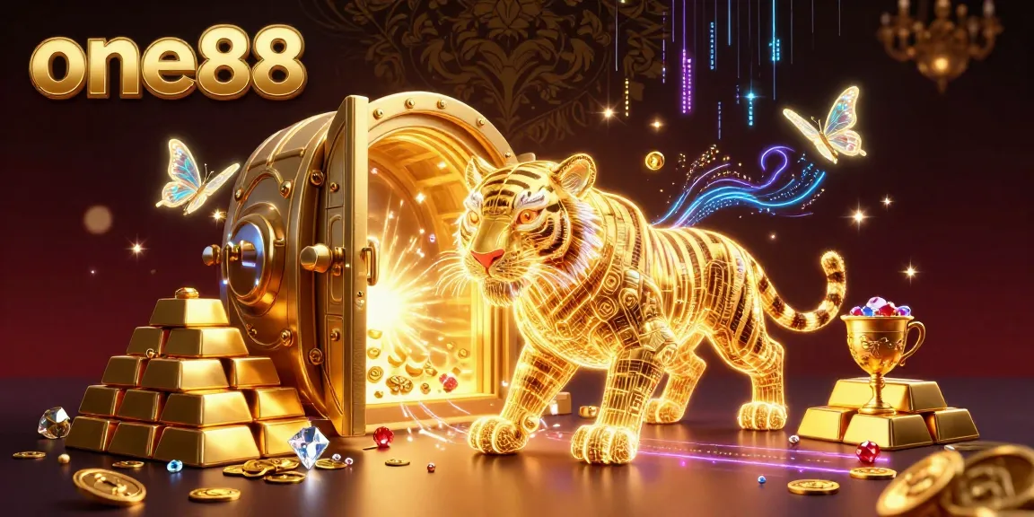 Experience the thrill at one88 with a vibrant 3D casino scene showcasing a radiant golden tiger and glowing jewels.