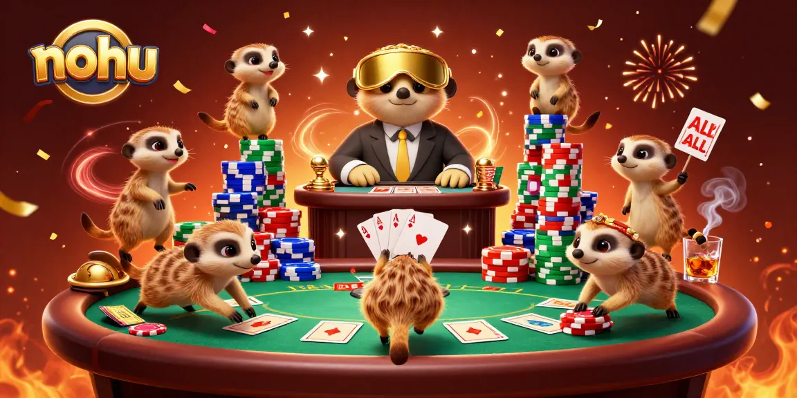 Nohu's meerkat casino strikes with card action and colorful chips amidst a lively backdrop.
