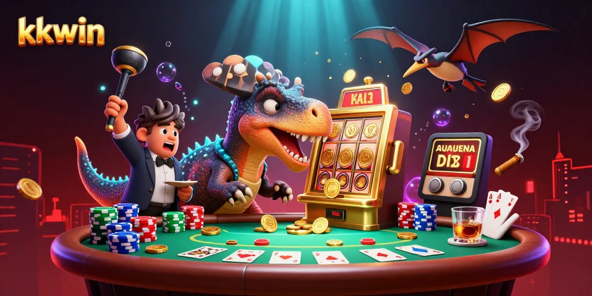 kkwin's pachycephalosaurus engaging a golden slot machine for jackpot coins in a vibrant casino scene