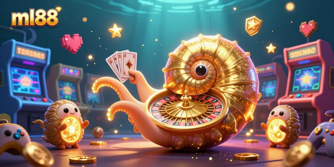 Engage with ml88 as the giant nautilus holds cards among glowing ammonite fossils in a vibrant casino scene.