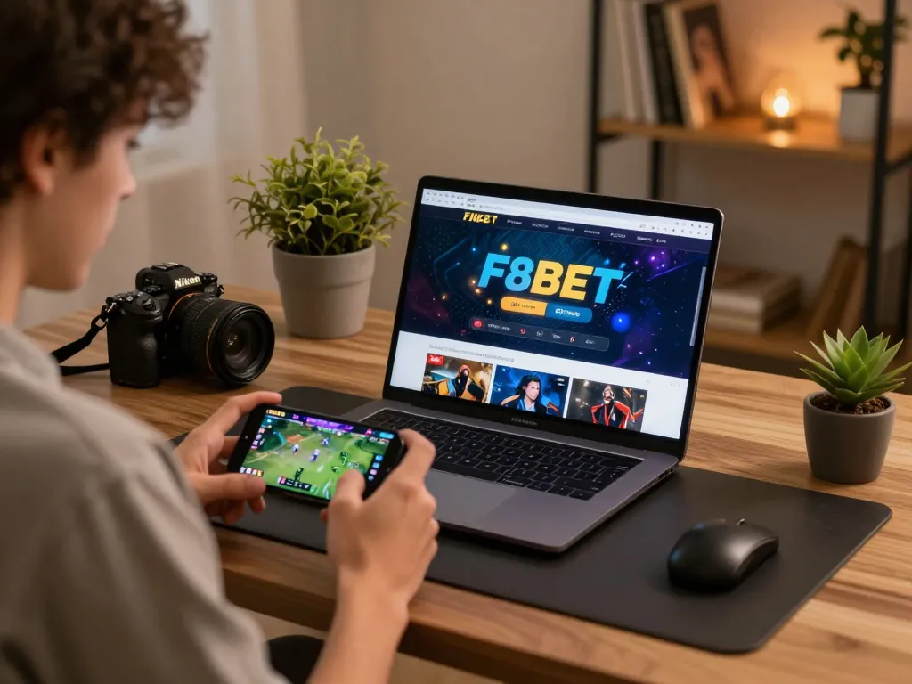 Person engaging with F8BET sports betting on a laptop while using a smartphone, cozy home setup