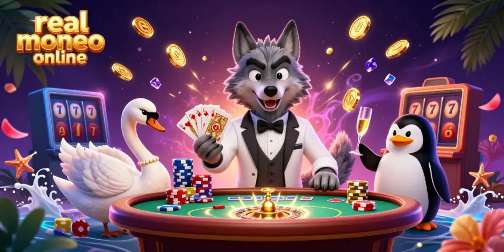 Experience the thrill of a real money casino online with a 3D wolf, swan, and penguin at a vibrant baccarat table.