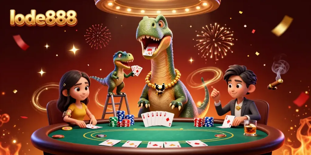 Join the excitement at lode888 with a colorful, vibrant 3D casino scene featuring engaging characters and poker action.
