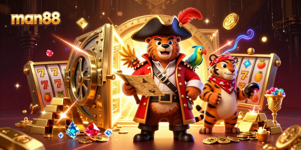 Engage with man88's thrilling slot games featuring a pirate bear, a tiger, and treasure galore.