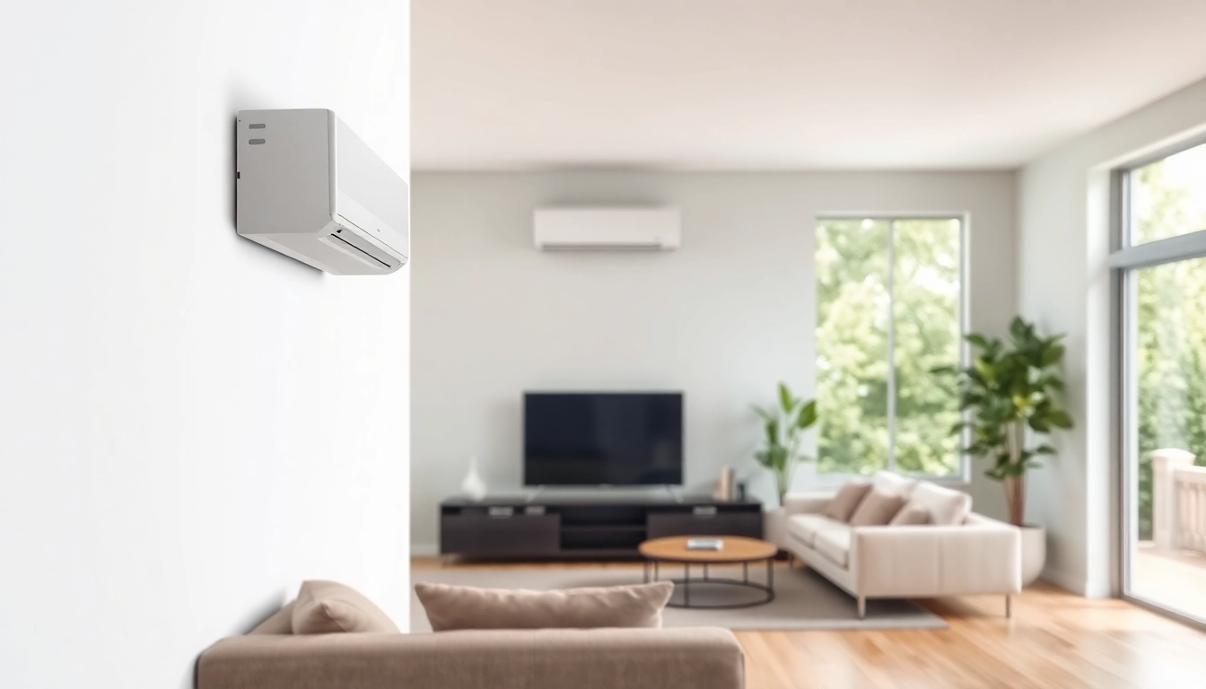 Installing a mini split AC in a stylish modern living room highlighting comfort and efficiency.