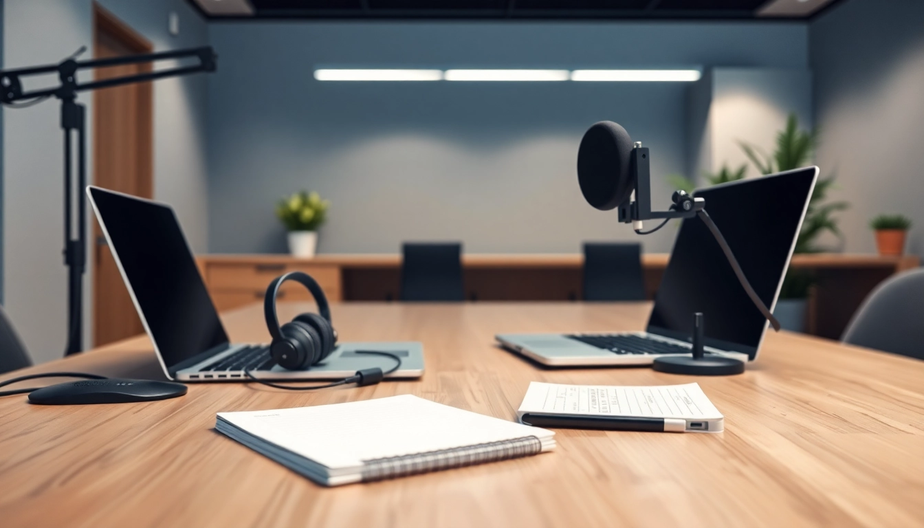 Capture a productive office scene highlighting call recording equipment on a sleek desk.