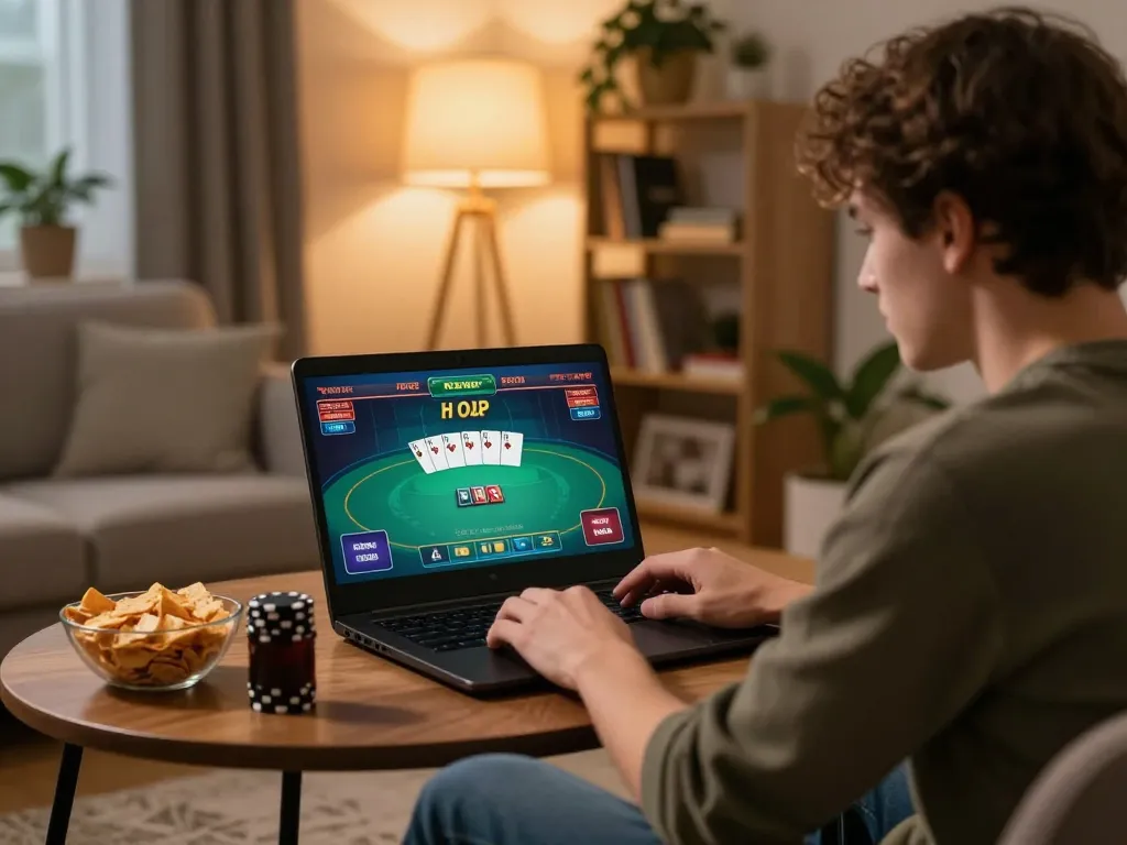 Jogador da 12bet desfrutando de poker online em um ambiente aconchegante com petiscos e iluminação suave.