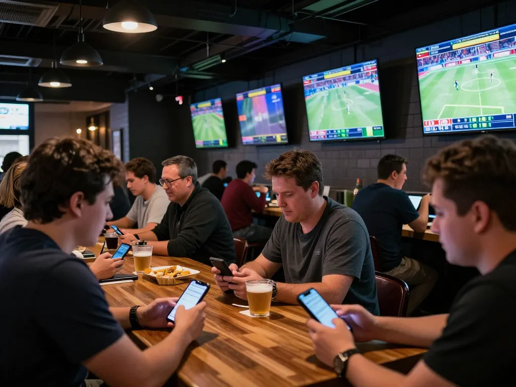 Soi kèo action captured in a vibrant sports betting scene with enthusiastic patrons using apps for live bets
