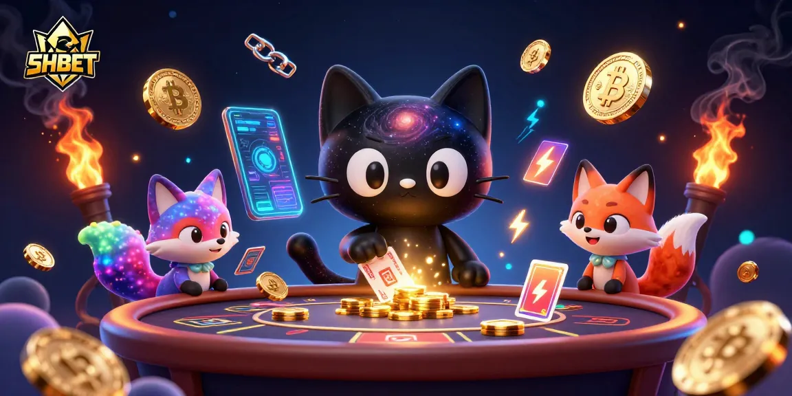 SHBET cat draws in casino chips and cards, showcasing a vibrant cosmic casino scene.