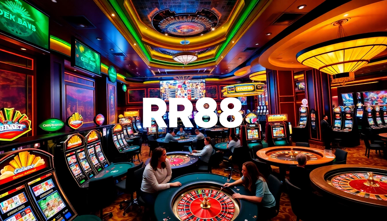 RR88 players enjoying a thrilling casino atmosphere with slot machines and poker tables.