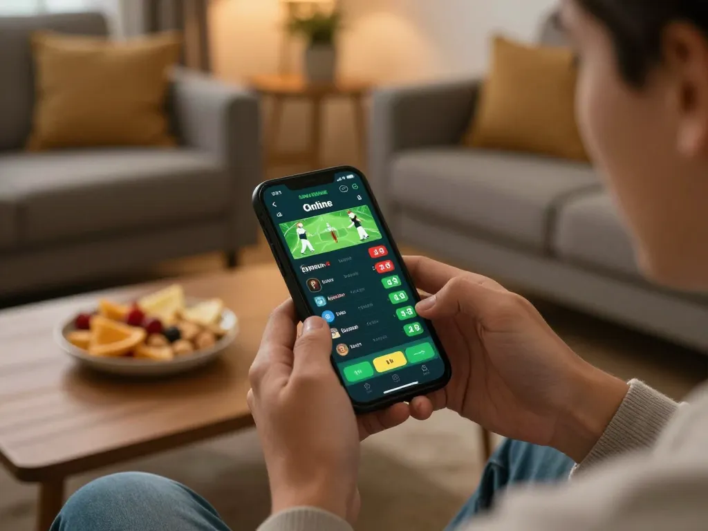 Player engaging with the 789win link for live sports betting on mobile device in cozy home setting