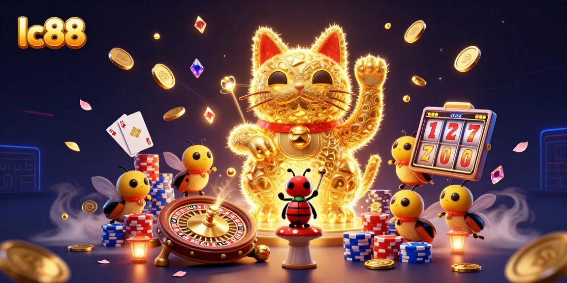 Gain insights into lc88: 3D lucky cat and casino symbols bursting with excitement and wealth.