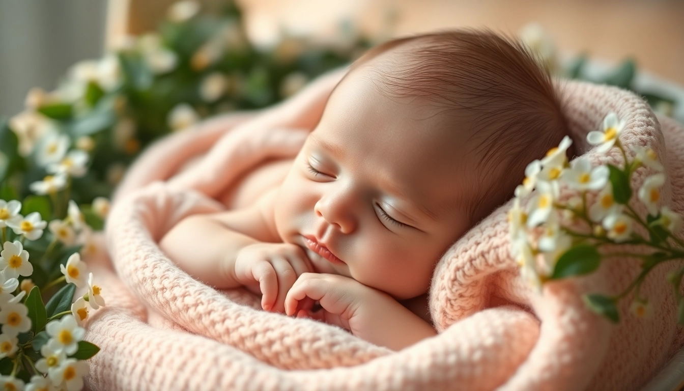 Captivating Babyfotografie of a serene newborn on a pastel blanket surrounded by flowers.