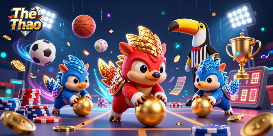 Engaging Thể Thao illustration with playful pangolins and dynamic sports elements surrounding them.