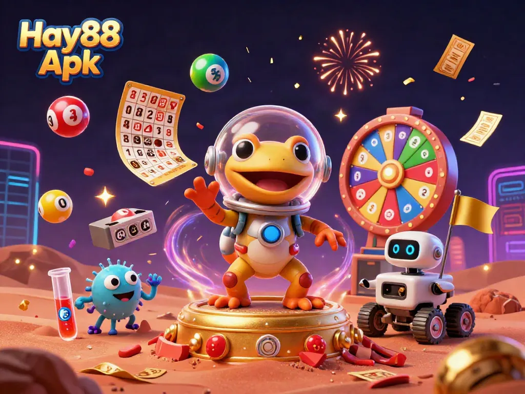 Engage with the Hay88 Apk as a cartoon Martian gecko explores a golden casino amid a celebratory scene.