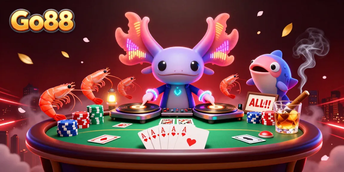 Go88 presents a lively poker scene with vibrant characters, spinning records, and colorful game elements.