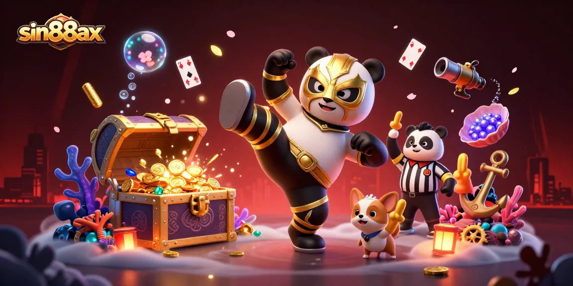 Experience energetic gaming action with sin88ax featuring a flying panda wrestler amidst vibrant casino elements.