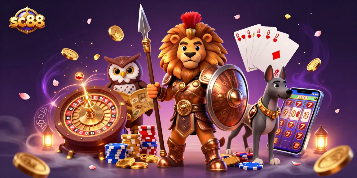 Engage with sc88’s thrilling online gaming experience featuring a Spartan lion and casino elements.