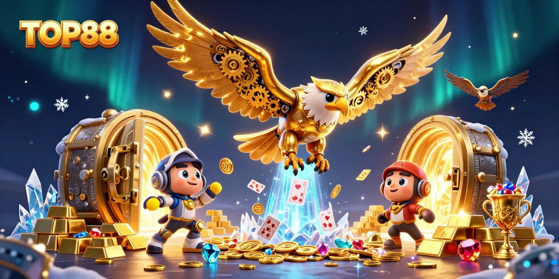 TOP88 spinning golden slot reels surrounded by gleaming treasures and playing cards flying dynamically.