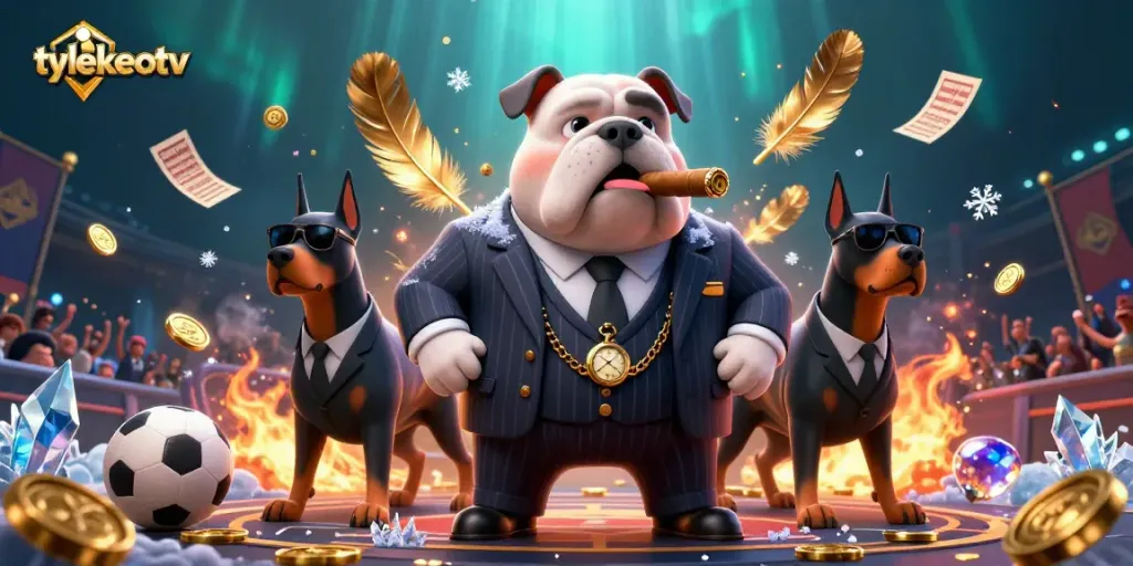 Tylekeotv showcases a dynamic sports betting scene with a mafia boss bulldog and two Doberman bodyguards amidst swirling football and betting elements.