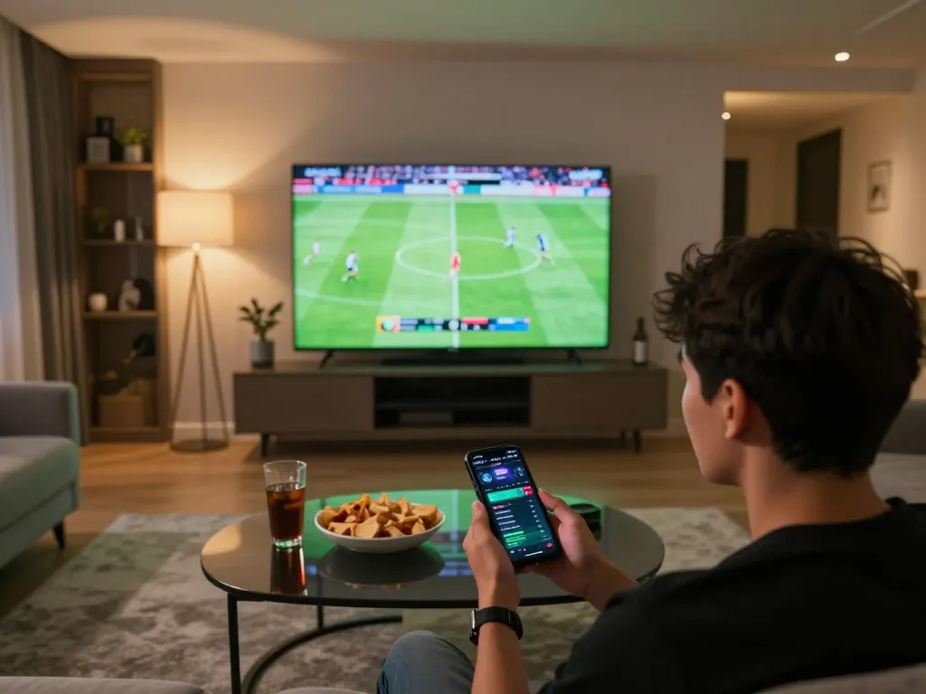 Betting with 75W smartphone while watching sports match in a cozy living room setting