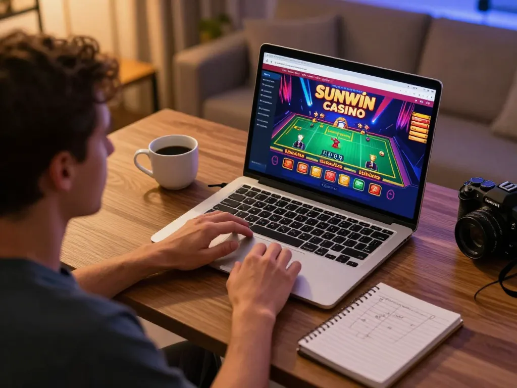Engaged player using Sunwin casino app on laptop, showcasing online gaming experience.