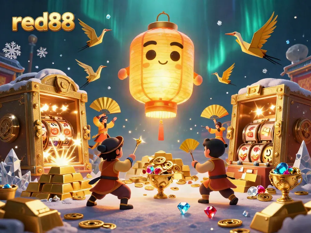 Experience the thrill of red88 with a vibrant 3D casino scene featuring lucky symbols and treasures.