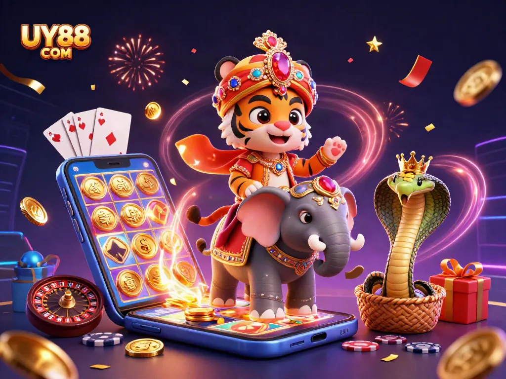 Experience UY88 COM's vibrant gambling world with a tiger, elephant, and dynamic game elements.