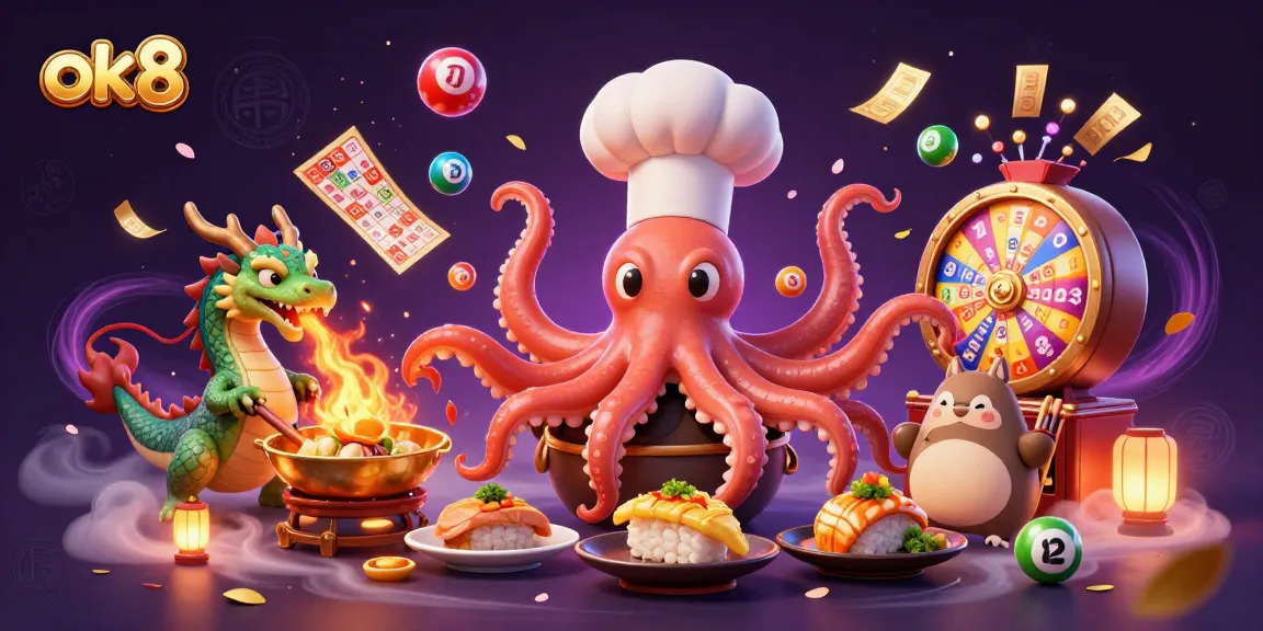 Experience exciting wins at ok8 through this vibrant 3D casino scene featuring animated characters and playful lottery elements.