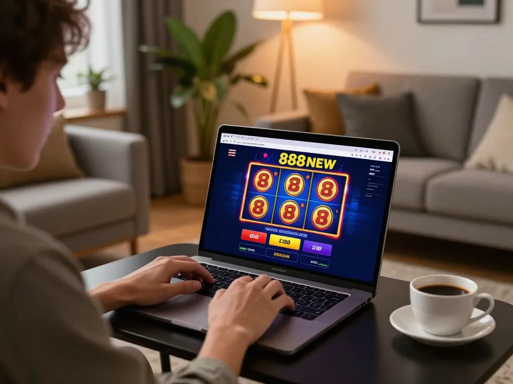 Person engaged in online gaming at 888NEW casino, showcasing focused gameplay and modern home setup.